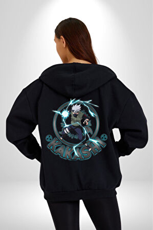 Naruto Shippuden Kakashi Lighting Kadın Erkek Siyah Kapüşonlu Fermuarlı Baskılı Hırka Sweatshirt