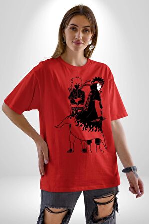 Naruto Shippuden Naruto ve Sasuke Pamuklu Bisiklet Yaka Kadın Erkek Oversize Boyfriend Dijital Baskılı Kırmızı T-shirt