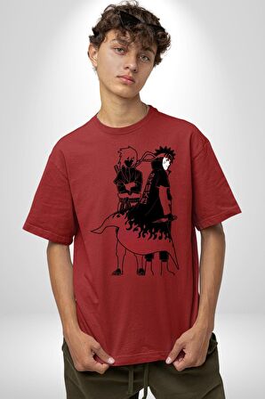 Naruto Shippuden Naruto ve Sasuke Pamuklu Bisiklet Yaka Kadın Erkek Oversize Boyfriend Dijital Baskılı Kırmızı T-shirt