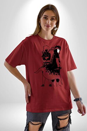 Naruto Shippuden Naruto ve Sasuke Pamuklu Bisiklet Yaka Kadın Erkek Oversize Boyfriend Dijital Baskılı Kırmızı T-shirt