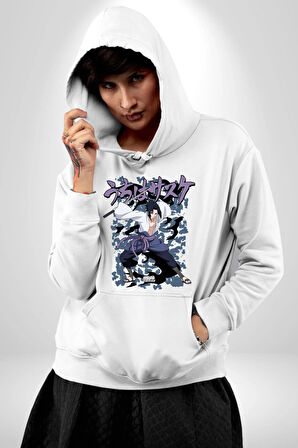 Naruto Shippuden Sasuke Kadın Erkek  Beyaz Kapüşonlu Sweatshirt Hoodie