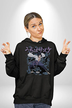 Naruto Shippuden Sasuke Kadın Erkek  Siyah Kapüşonlu Sweatshirt Hoodie