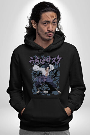 Naruto Shippuden Sasuke Kadın Erkek  Siyah Kapüşonlu Sweatshirt Hoodie