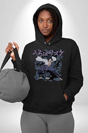 Naruto Shippuden Sasuke Kadın Erkek  Siyah Kapüşonlu Sweatshirt Hoodie