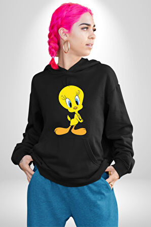 Twity Kadın Erkek  Siyah Kapüşonlu Sweatshirt Hoodie
