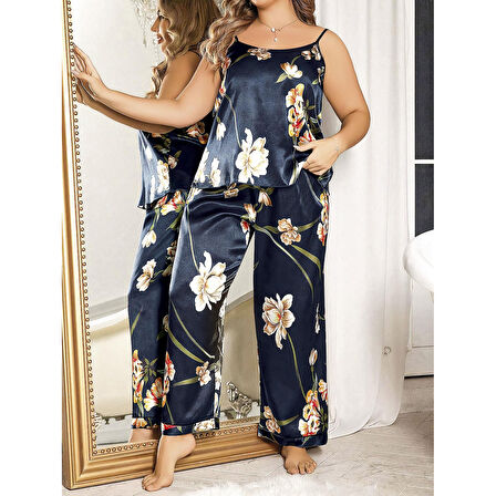 Büyük Beden Mavi Üstüne Çiçek Desenli İnce Askılı 2'li Saten Pijama Takımı