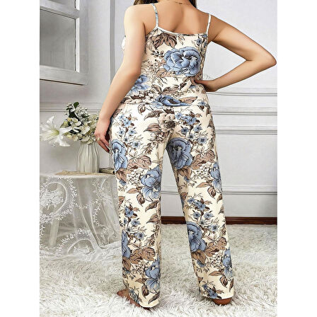 Büyük Beden Mavi Çiçek Desenli İnce Askılı 2'li Saten Pijama
