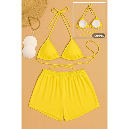 MARSiLYAN- Kadın Sarı Şortlu Belden ve Boyundan Bağlamalı Bikini Takımı