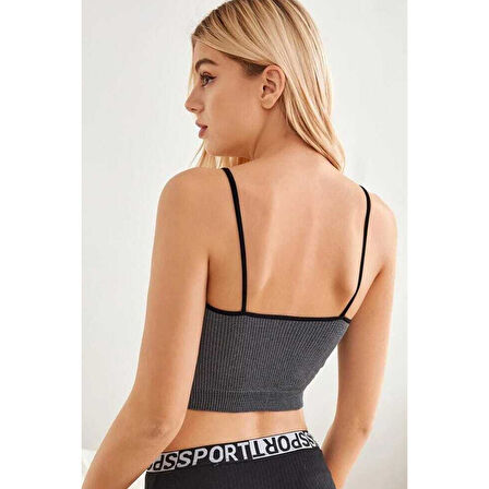 Kadın Anstrasit Gri İp Askılı Crop Top Bluz