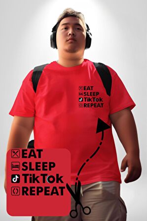 Tiktok Yemek Uyku Tekrar Et Kırmızı Büyük Beden Kadın Basic Minimal Baskılı Tişört