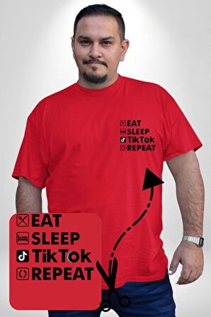 Tiktok Yemek Uyku Tekrar Et Kırmızı Büyük Beden Kadın Basic Minimal Baskılı Tişört
