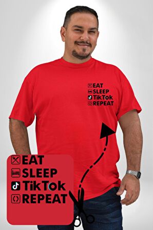 Tiktok Yemek Uyku Tekrar Et Kırmızı Büyük Beden Kadın Basic Minimal Baskılı Tişört
