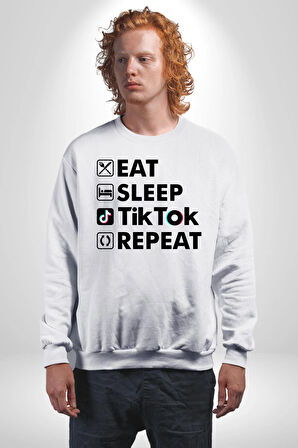 Tiktok Yemek Uyku Tekrar Et Kadın Erkek Beyaz Sweatshirt 