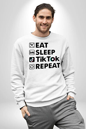 Tiktok Yemek Uyku Tekrar Et Kadın Erkek Beyaz Sweatshirt 