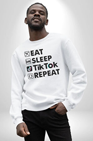 Tiktok Yemek Uyku Tekrar Et Kadın Erkek Beyaz Sweatshirt 