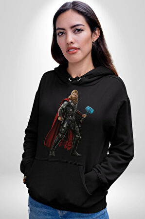Thor Kadın Erkek  Siyah Kapüşonlu Sweatshirt Hoodie