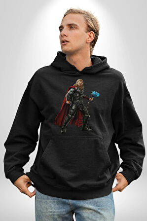 Thor Kadın Erkek  Siyah Kapüşonlu Sweatshirt Hoodie