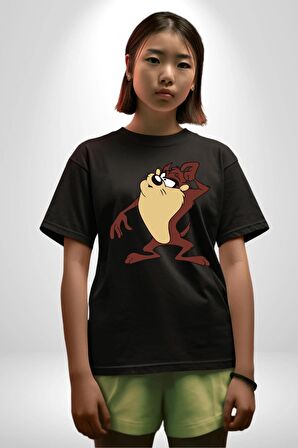Tazmanya Canavarı Pamuklu Bisiklet Yaka Kadın Erkek Oversize Boyfriend Dijital Baskılı Siyah T-shirt