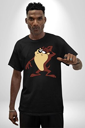Tazmanya Canavarı Pamuklu Bisiklet Yaka Kadın Erkek Oversize Boyfriend Dijital Baskılı Siyah T-shirt