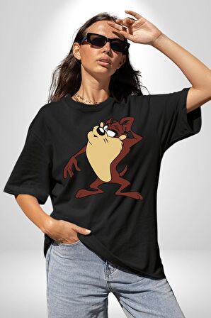 Tazmanya Canavarı Pamuklu Bisiklet Yaka Kadın Erkek Oversize Boyfriend Dijital Baskılı Siyah T-shirt