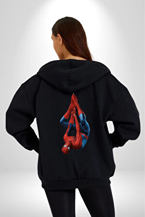 Spider Man Kadın Erkek Siyah Kapüşonlu Fermuarlı Baskılı Hırka Sweatshirt
