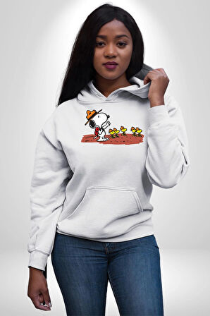 Snoopy İle Kuşlar Kamp Kadın Erkek  Beyaz Kapüşonlu Sweatshirt Hoodie