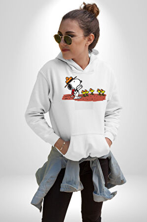 Snoopy İle Kuşlar Kamp Kadın Erkek  Beyaz Kapüşonlu Sweatshirt Hoodie