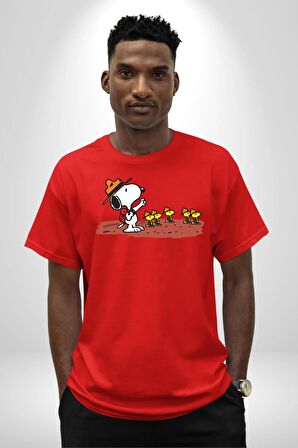 Snoopy İle Kuşlar Kamp Pamuklu Bisiklet Yaka Kadın Erkek Oversize Boyfriend Dijital Baskılı Kırmızı T-shirt