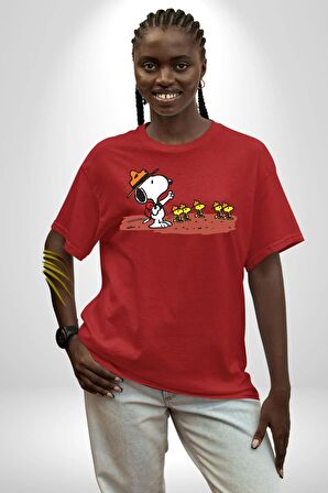 Snoopy İle Kuşlar Kamp Pamuklu Bisiklet Yaka Kadın Erkek Oversize Boyfriend Dijital Baskılı Kırmızı T-shirt