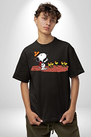 Snoopy İle Kuşlar Kamp Pamuklu Bisiklet Yaka Kadın Erkek Oversize Boyfriend Dijital Baskılı Siyah T-shirt