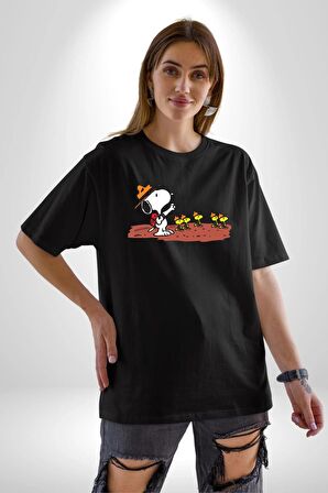 Snoopy İle Kuşlar Kamp Pamuklu Bisiklet Yaka Kadın Erkek Oversize Boyfriend Dijital Baskılı Siyah T-shirt