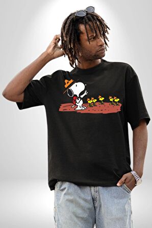 Snoopy İle Kuşlar Kamp Pamuklu Bisiklet Yaka Kadın Erkek Oversize Boyfriend Dijital Baskılı Siyah T-shirt