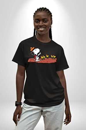 Snoopy İle Kuşlar Kamp Pamuklu Bisiklet Yaka Kadın Erkek Oversize Boyfriend Dijital Baskılı Siyah T-shirt