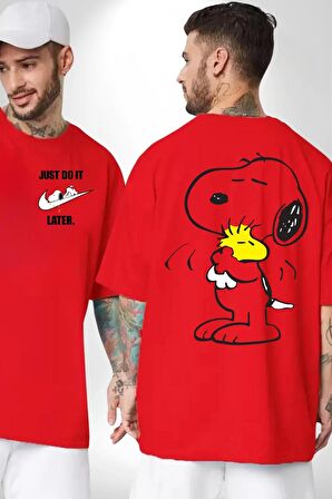 Snoopy Kuş Sevgisi Kırmızı Oversize Kadın Erkek Ön ve Sırt Baskılı Tişört