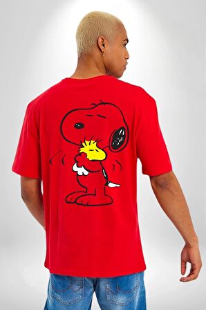 Snoopy Kuş Sevgisi Kırmızı Oversize Kadın Erkek Ön ve Sırt Baskılı Tişört