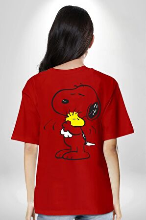 Snoopy Kuş Sevgisi Kırmızı Oversize Kadın Erkek Ön ve Sırt Baskılı Tişört