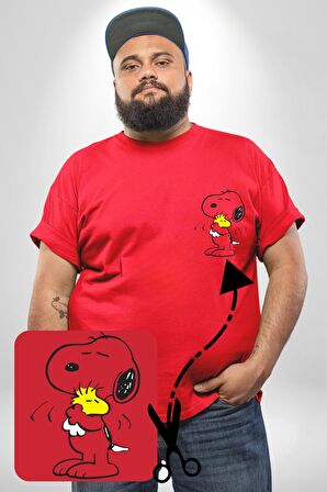 Snoopy Kuş Sevgisi Kırmızı Büyük Beden Kadın Basic Minimal Baskılı Tişört