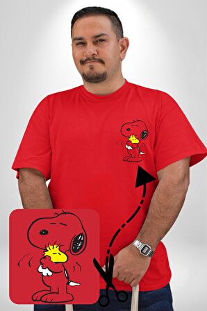 Snoopy Kuş Sevgisi Kırmızı Büyük Beden Kadın Basic Minimal Baskılı Tişört