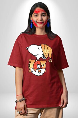 Yastık Uyku Uyku Tulumu Pamuklu Bisiklet Yaka Kadın Erkek Oversize Boyfriend Dijital Baskılı Kırmızı T-shirt