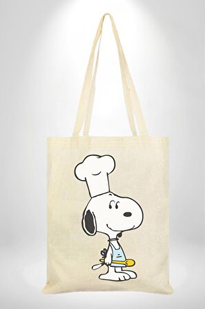 Snoopy Yemek Aşcı 35X40 Kadın Erkek Çocuk Ekru Ham Bez Çanta