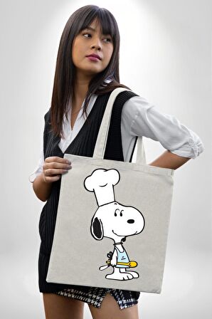 Snoopy Yemek Aşcı 35X40 Kadın Erkek Çocuk Ekru Ham Bez Çanta