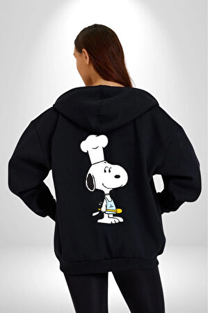 Snoopy Yemek Aşcı Kadın Erkek Siyah Kapüşonlu Fermuarlı Baskılı Hırka Sweatshirt