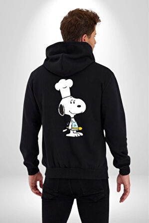 Snoopy Yemek Aşcı Kadın Erkek Siyah Kapüşonlu Fermuarlı Baskılı Hırka Sweatshirt