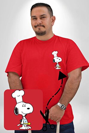 Snoopy Yemek Aşcı Kırmızı Büyük Beden Kadın Basic Minimal Baskılı Tişört