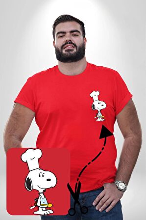 Snoopy Yemek Aşcı Kırmızı Büyük Beden Kadın Basic Minimal Baskılı Tişört