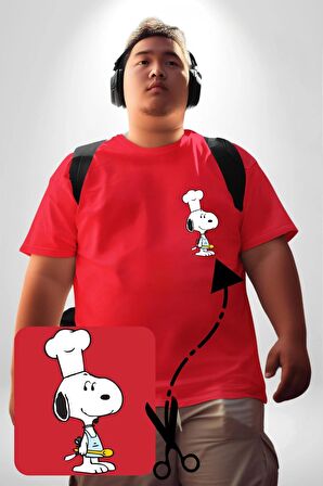 Snoopy Yemek Aşcı Kırmızı Büyük Beden Kadın Basic Minimal Baskılı Tişört