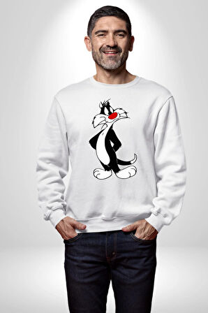 Sylvester Kedi Kadın Erkek Beyaz Sweatshirt 