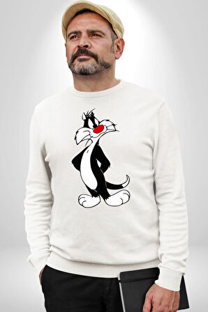 Sylvester Kedi Kadın Erkek Beyaz Sweatshirt 