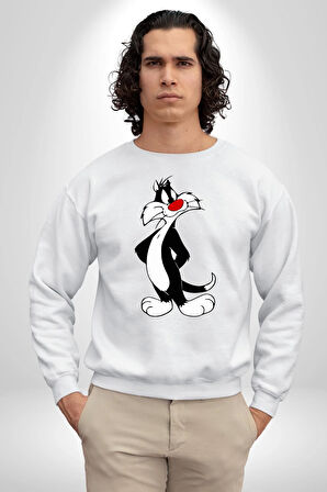 Sylvester Kedi Kadın Erkek Beyaz Sweatshirt 