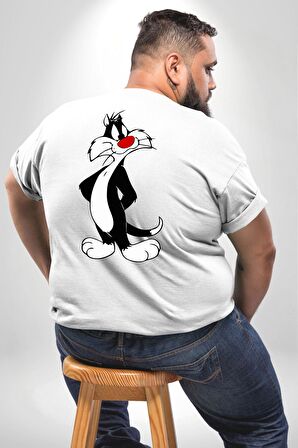 Sylvester Kedi Büyük Beden Beyaz Tişört Kadın Erkek Ünisex Sırt Baskılı